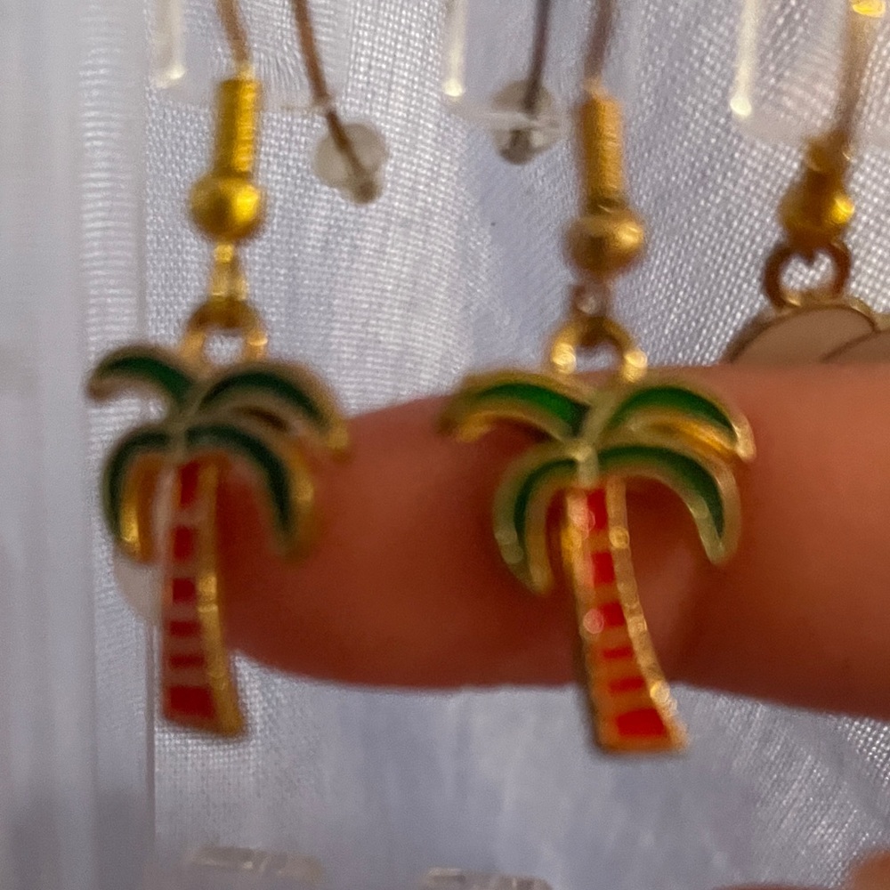 Palm Tree Earrings with Red and Green Enamel